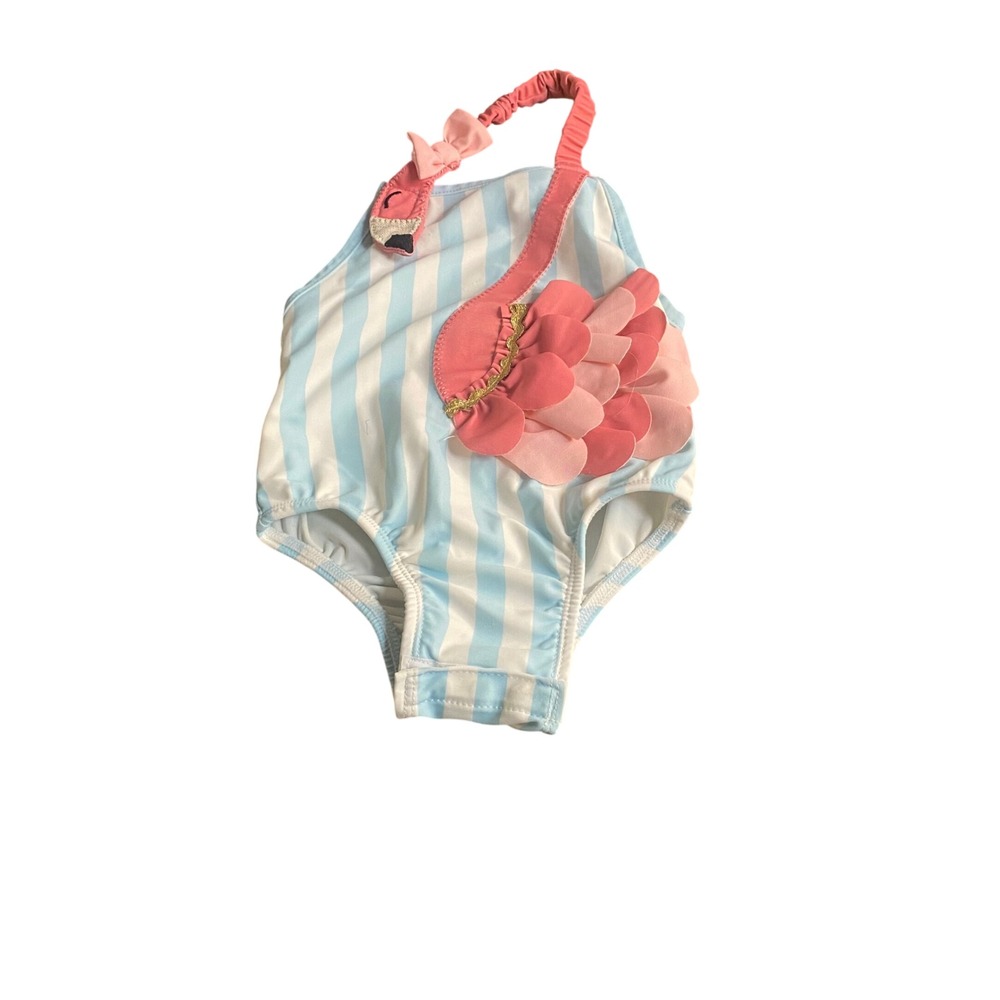 Mud Pie Swimsuit Baby Girls Blue Flamingo Striped One Piece SIZE 9-12 Months